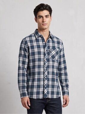 Vivix 659 Zuprick Plaid Flannel Button Down Shirt Men Small Slim Fit Blue Tartan
